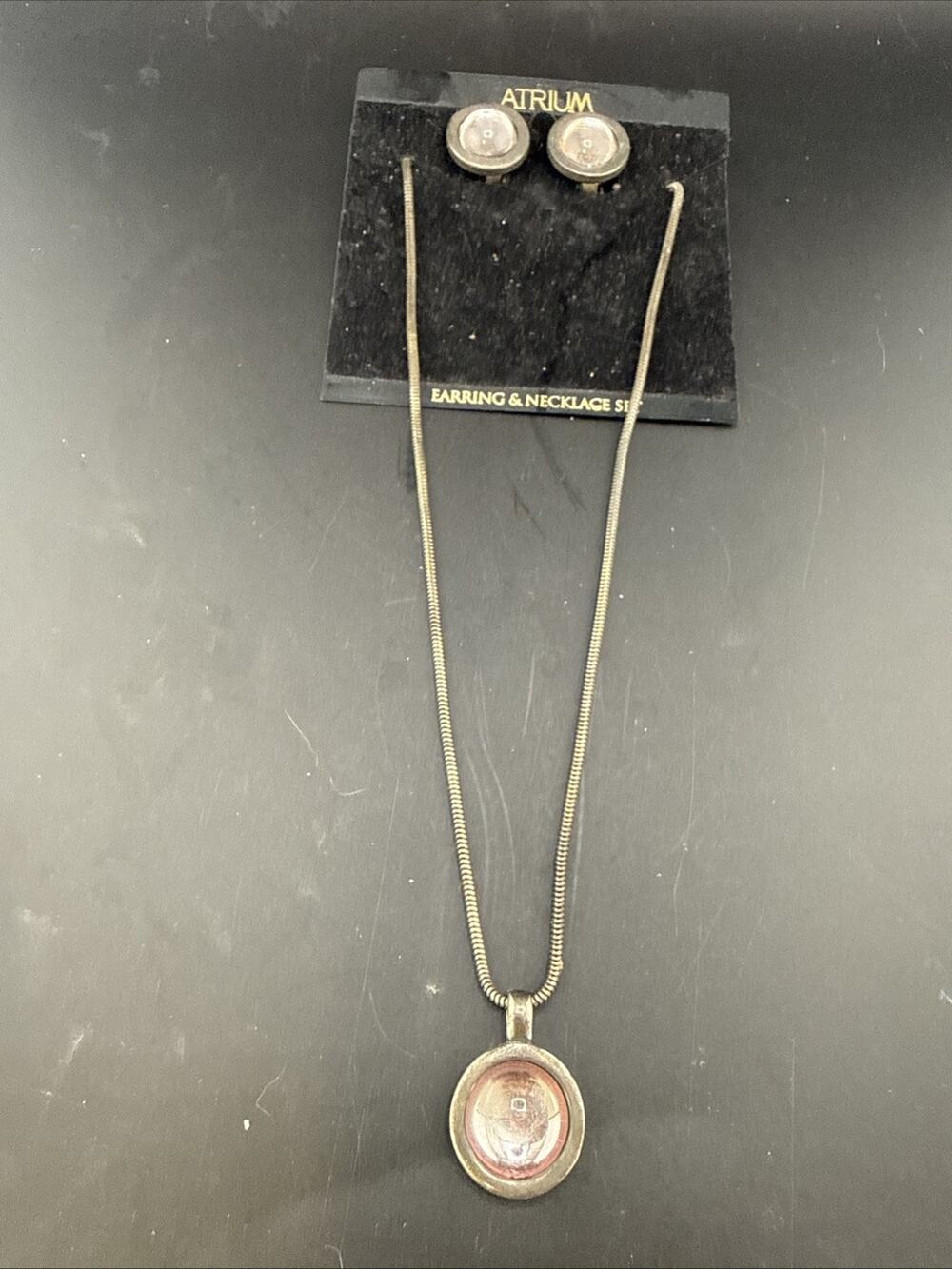 90s Vintage Atrium Brand Earrings and necklace Set Silver With Pink Cat Eye